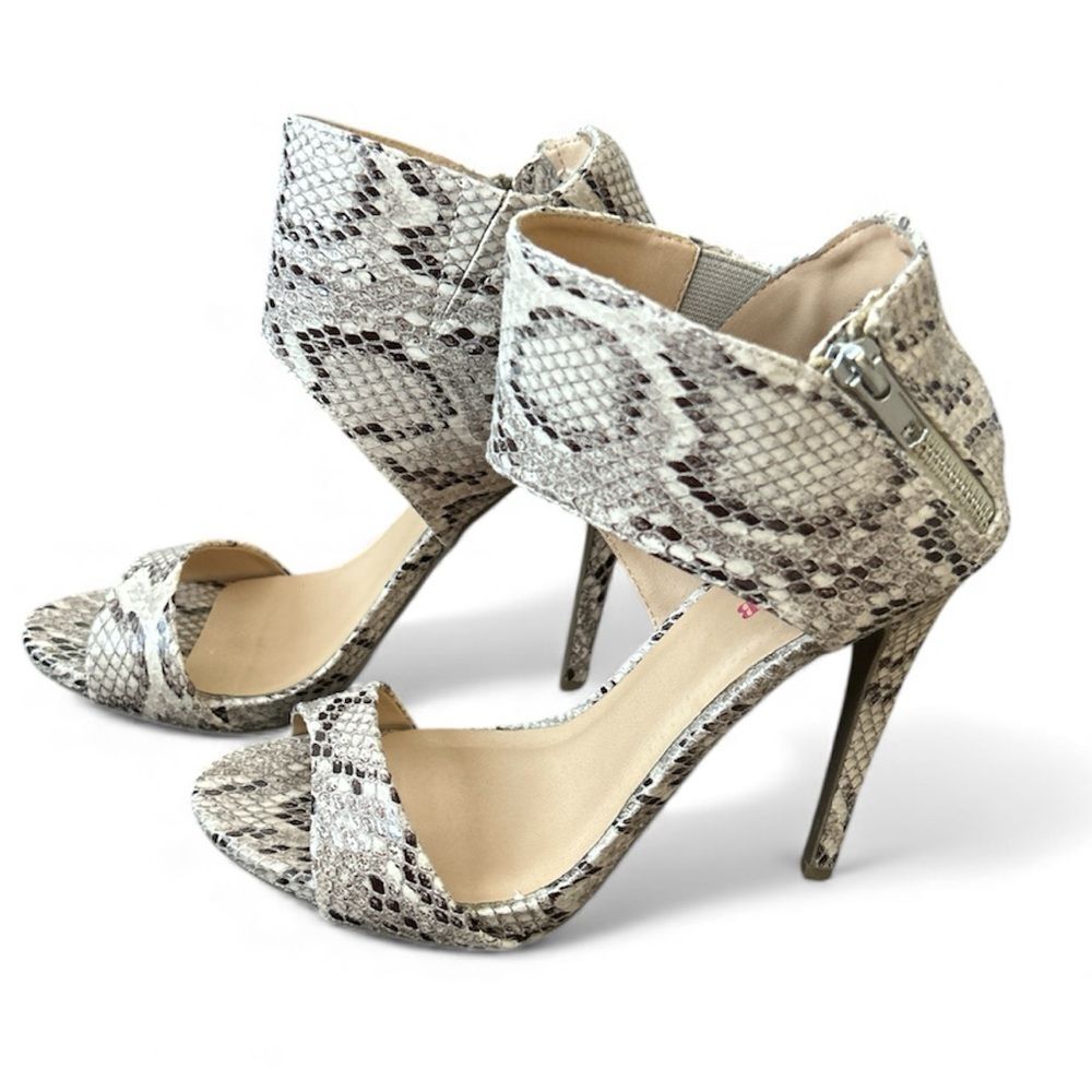 JustFab Avera Snakeskin Open-Toe Stiletto Heels with Wide Ankle Strap Size 7